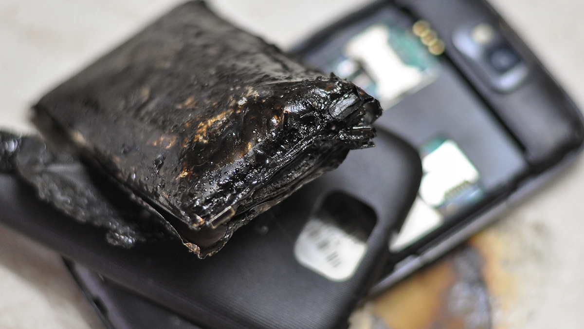 Closeup of an exploded battery from a mobile phone.